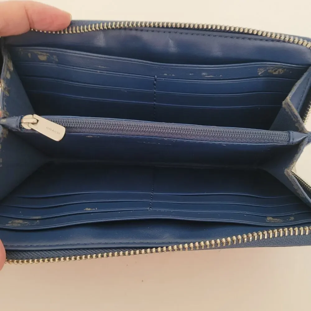 Coach‎ Accordion Zip Wallet Tea Rose Floral Print Coated Canvas Blue Red F57649